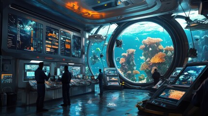 Scientists in a marine bioindustry facility studying coral reef restoration, advanced technology in use, detailed marine life and equipment, vibrant lighting,