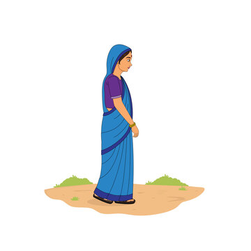 Indian woman walking cartoon illustration. Indian village woman walking with side pose. Indian woman wearing saree and walking stock image, cartoon, clipart, vector, graphic & illustration.