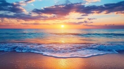 Fototapeta premium A serene beach at sunset, with gentle waves and colorful sky reflecting on the water.