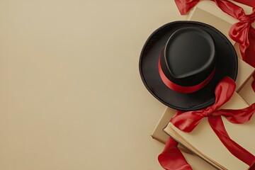 Diploma with red ribbon, graduation hat and books on beige background copy-space with generative ai