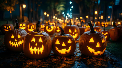 Lighted Jack-o'-Lantern Pumpkins on Fall Foliage Realistic Image