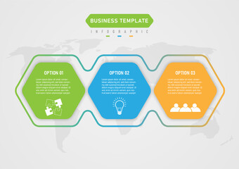 Infographic template with 3 options multi colored hexagons There is text and icons at the bottom, around the outside there is a gradient map outline at the bottom. gray gradient background