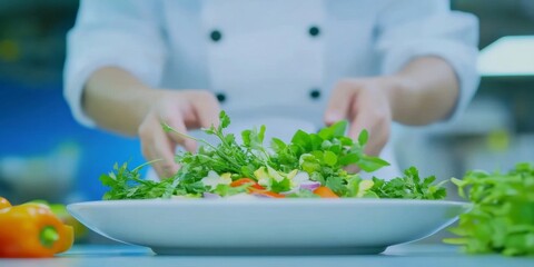 Chefs Hands Arranging Vibrant Vegetable Dish in Artistic Culinary Presentation