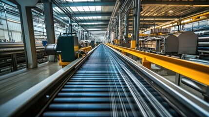 Obraz premium A conveyor belt system in an industrial setting, showcasing efficient material handling.