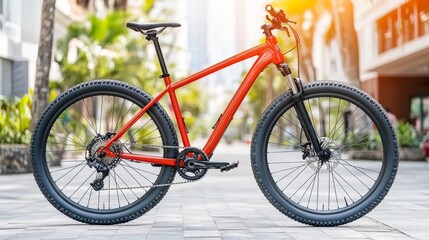 Red Mountain Bike on City Street  Outdoor Activity  Transportation  Cycling  Fitness