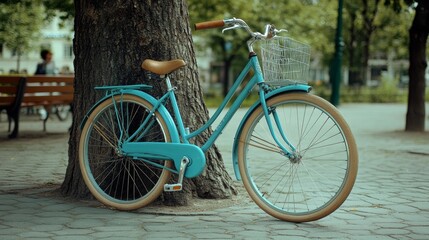 Fototapeta premium Vintage Blue Bicycle Parked Against a Tree in a City Park