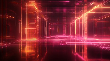 A vibrant digital landscape with glowing lines and reflections, creating a futuristic and immersive environment.