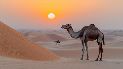 Camel silhouette at sunset in the desert