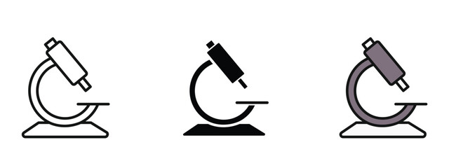 Obraz premium Three different microscope icons in outline, silhouette and editable color icon with an unexpanded vector inside, editable microscope icon