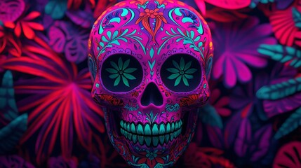 Vibrant skull art featuring intricate floral patterns against a colorful backdrop, perfect for celebrating culture and artistry.