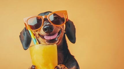 A cheerful dog wearing sunglasses holds a refreshing drink, exuding a fun, summery vibe.