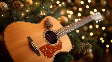 Fototapeta premium Acoustic Guitar Under Christmas Lights Festive Music Instrument