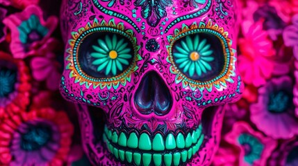 Vibrant sugar skull art surrounded by colorful flowers, embodying the spirit of Dia de los Muertos in striking design and color.