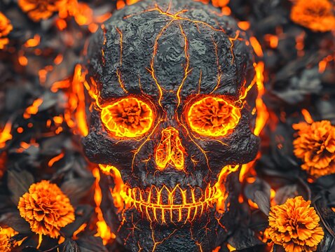 A striking skull surrounded by glowing lava and blooming flowers, merging themes of life and death in a captivating visual.