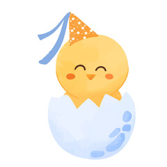 Cute Cartoon Chick Hatching from an Egg Wearing Birthday Hat