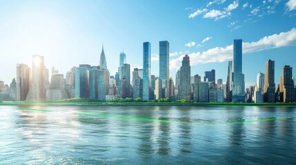 Fototapeta premium A panoramic view of a vibrant city skyline reflecting on water under a clear blue sky.