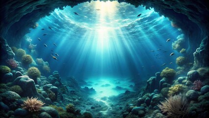 Fototapeta premium Mysterious, dark ocean abyss filled with unknown creatures and secrets, mystique, ocean, abyss, deep sea, darkness