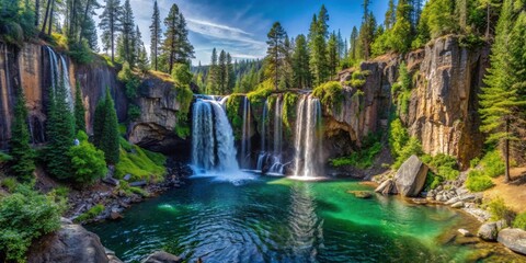 Panorama view of Bassi Falls in Northern California, waterfall, landscape, scenic, nature, rocks, trees, forest, remote