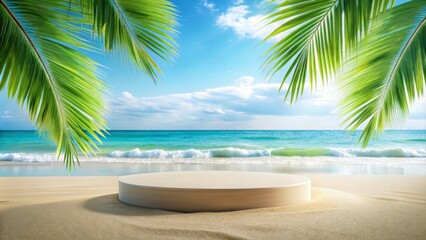 Summer product display podium with tropical beach backdrop , summer, product, display, podium, tropical, beach, backdrop, sun