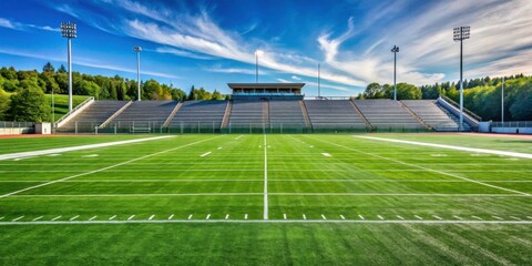 Empty high school football field with lush green grass , sports, stadium, turf, athletic, competition