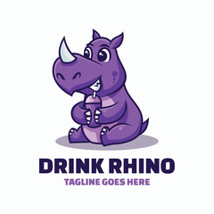 Vector Logo Illustration Drink Rhino Mascot Cartoon Style