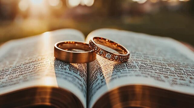 Close up image of two gold wedding bands laying on an open Bible. The rings are in focus and the bible page is blurred in the background.