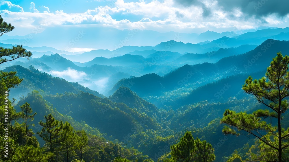 Wall mural scenic viewpoint with panoramic views of mountain ranges and valleys inviting adventure and apprecia