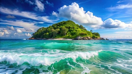Fototapeta premium Beautiful sea surface background with waves, texture, and a tropical island in Phuket, Thailand , seascape, ocean, water