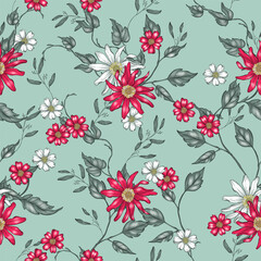 Floral seamless pattern of red and white daisies, delicate vines, and green leaves. The flowers are drawn in a detailed, vintage style and are arranged on a light blue background
