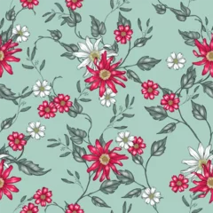 Fototapeten Floral seamless pattern of red and white daisies, delicate vines, and green leaves. The flowers are drawn in a detailed, vintage style and are arranged on a light blue background © momosama