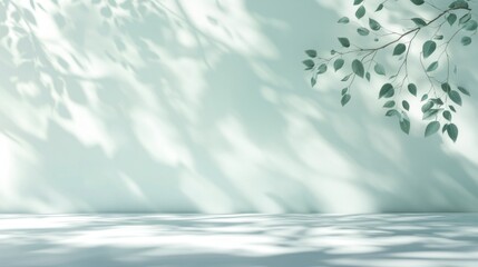 A serene background featuring soft shadows and green leaves against a light wall.