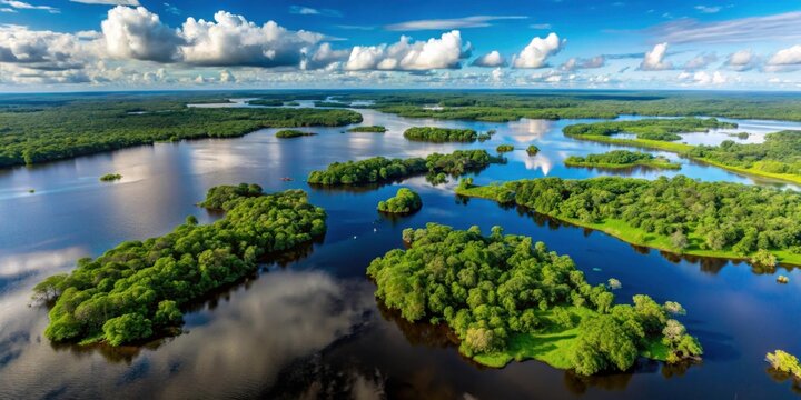 Aerial drone view of Anavilhanas archipelago, flooded amazonia forest in Negro River, Amazonas, Brazil, Anavilhanas