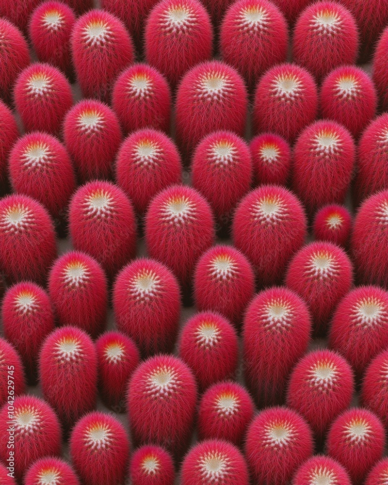 Poster Aerial View of Symmetrical Red Cactus Pattern with Textured Detail in Soft Natural Light