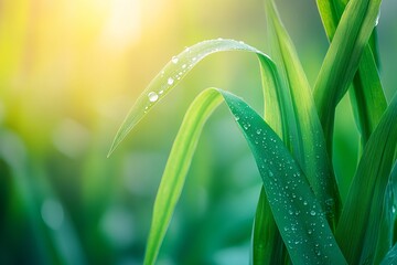 Obraz premium Close Up of Dew Drops on Green Grass Blades