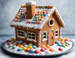 A close-up of a gingerbread house covered in icing and colorful candies, surrounded by powdered sugar snow