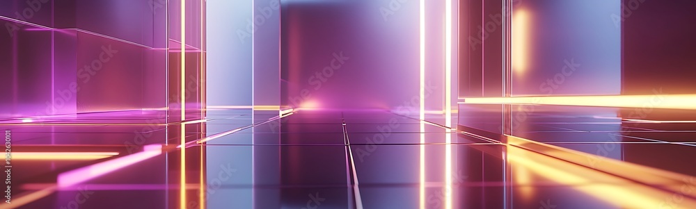 Poster a vibrant, abstract space with glowing lines and a reflective surface, creating a futuristic atmosph