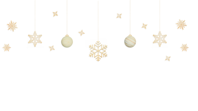 木製の雪の結晶と丸いオーナメントがチェーンに吊るされた温かみのある冬のフレーム