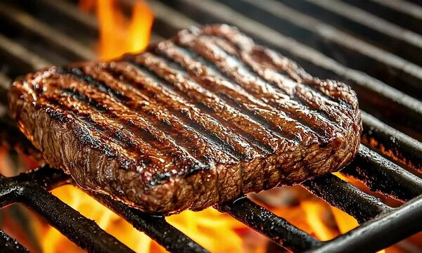 Sizzling Ancho Steak on the Barbecue Grill, Surrounded by Flames&mdash;A Deliciously Juicy BBQ Experience