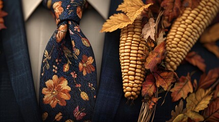Elegant autumn-themed attire featuring a floral tie with seasonal leaves and corn for a festive atmosphere.