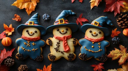 A whimsical scarecrow puppet with a pumpkin hat, a festive Halloween decoration