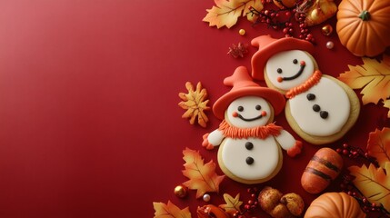 Festive Snowman Cookies on Autumn Background