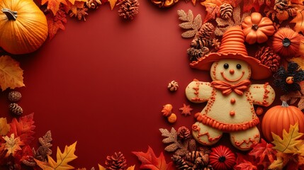 Autumn-Themed Background with Gingerbread and Leaves