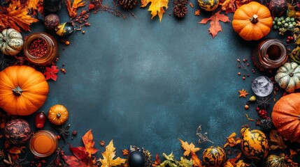 Autumn Halloween Decorative Background with Pumpkins