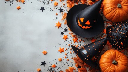 Spooky Halloween Decorations with Pumpkins and Hats