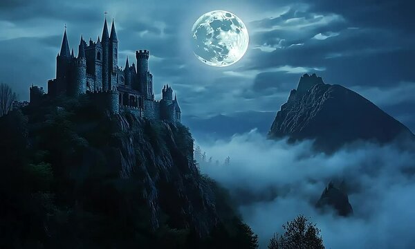 Dracula&rsquo;s Lair: Haunted Vampire Castle Perched on a Misty Mountain under a Spooky Full Moon Night
