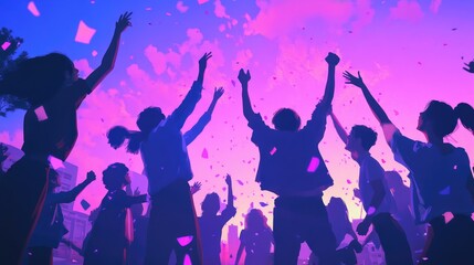 Silhouettes of People Dancing Under a Pink and Purple Sky with Falling Confetti