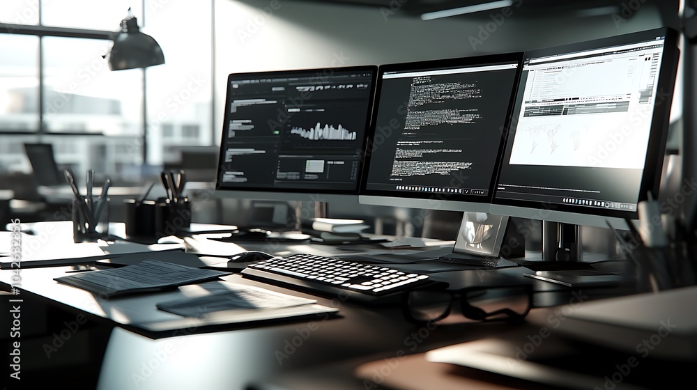 Poster A modern office setup featuring dual monitors displaying data, a keyboard, and stationery items, creating a productive work environment.