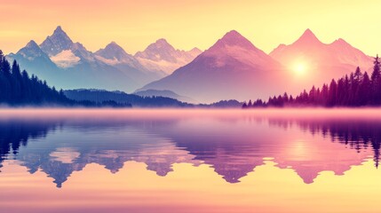 Stunning Mountain Lake Sunset with Fog and Reflection