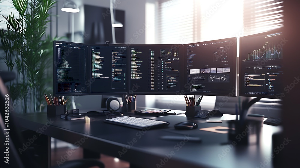 Aufkleber A sleek modern workspace featuring multiple monitors displaying code, with a tidy desk and natural light illuminating the space.