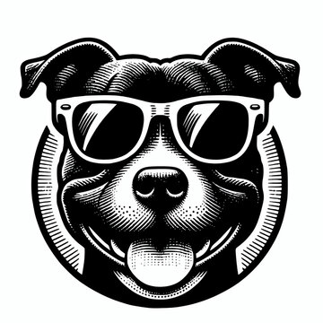 recommend clip art: Happy staffordshire bull terrier dog wearing sunglasses emblem logo vector illustration